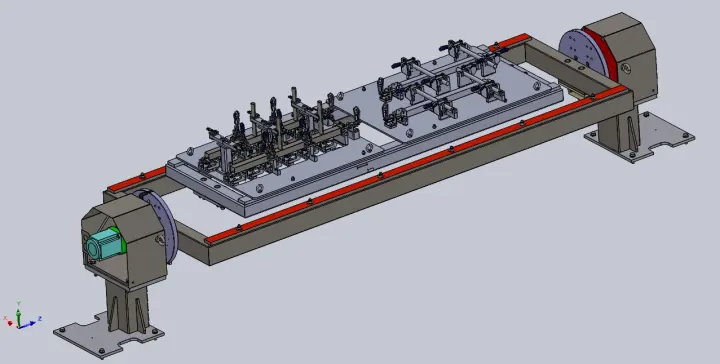 Projeto 3D de gabarito de solda montado em posicionador